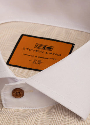 Steven Land Sand Plaid Spread Collar French Cuffs Wrinkle & Shrink Free Cotton Dress Shirt - The Suit Depot