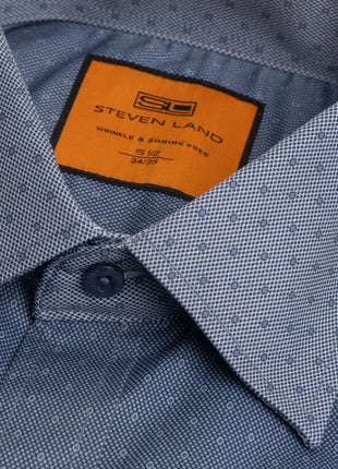 Steven Land Blue Micro Geometric Regular Fit Spread Collar Wrinkle & Shrink Free Cotton Dress Shirt - The Suit Depot