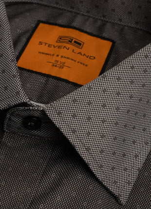 Steven Land Black Micro Geometric Regular Fit Spread Collar Wrinkle & Shrink Free Cotton Dress Shirt