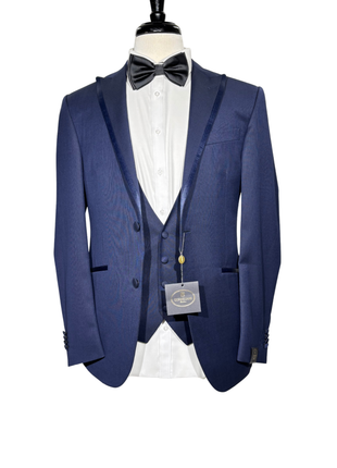 Corneliani Mens Solid Navy Fully-Canvassed Peak Lapel Slim Fit 3-Piece Wool Tuxedo Suit - 36R