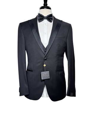 Corneliani Mens Solid Black Fully-Canvassed Satin Split Peak Lapel Slim Fit 3-Piece Wool Tuxedo - 42R