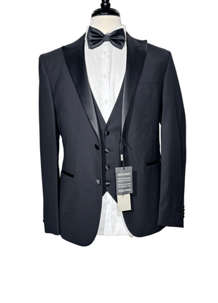Corneliani CC Collection Solid Black Satin Peak Lapel Slim Fit 3-Piece Wool Tuxedo - 40R