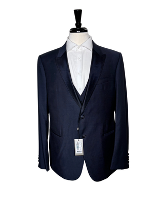 Armani Collezioni M Line Navy Micro-Check Slim Fit Peak Lapel 3-Piece Wool Tuxedo - 44R