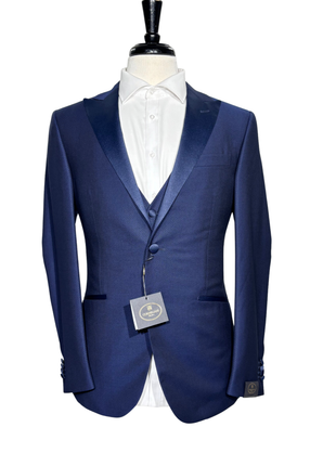 Corneliani Mens Blue Micro-Pattern Fully-Canvassed Peak Lapel Slim Fit 3-Piece Wool Tuxedo Suit - 38S - The Suit Depot