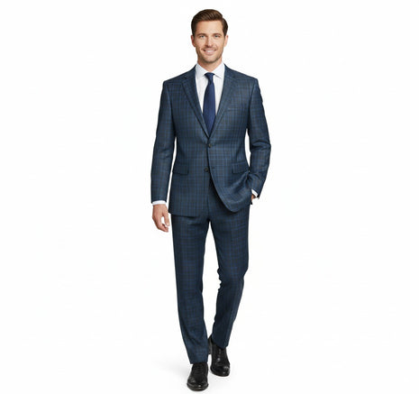 Raphael Blue Windowpane Check Classic Fit Notch Lapel Two Button Suit