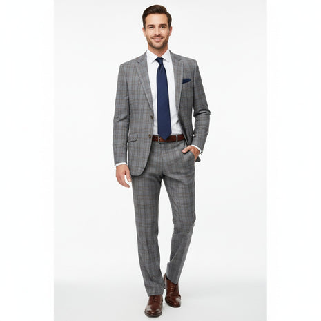 Raphael Grey Windowpane Check Slim Fit Stretch Notch Lapel Two Button Suit