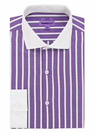 Ferrecci Purple Striped Slim Fit Spread Collar Cotton Dress Shirt - The Suit Depot