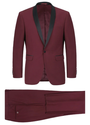 Raphael Solid Burgundy Slim Fit With Black Satin Shawl Lapels Tuxedo Suit