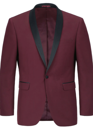 Raphael Solid Burgundy Slim Fit With Black Satin Shawl Lapels Tuxedo Suit