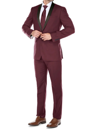 Raphael Solid Burgundy Slim Fit With Black Satin Shawl Lapels Tuxedo Suit