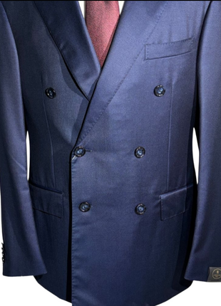 Corneliani Mens Solid Navy Blue Fully-Canvassed Peak Lapels Classic Fit Double Breasted Wool Suit - 40R - The Suit Depot