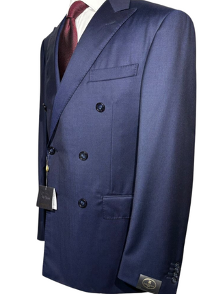 Corneliani Mens Solid Navy Blue Fully-Canvassed Peak Lapels Classic Fit Double Breasted Wool Suit - 40R - The Suit Depot