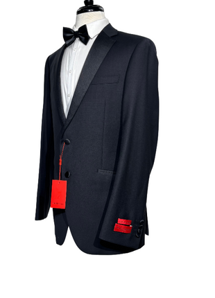 Napoli Mens Solid Black Notch Lapel Slim Fit 2-Button Wool Cashmere Tuxedo with Ticket Pocket - 42L
