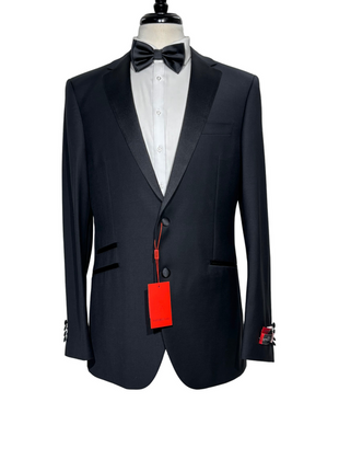 Napoli Mens Solid Black Notch Lapel Slim Fit 2-Button Wool Cashmere Tuxedo with Ticket Pocket - 42L