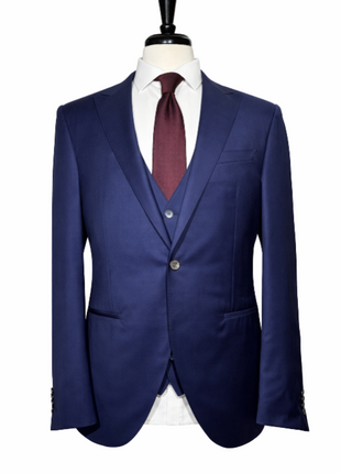 Corneliani Mens Solid Navy Fully-Canvassed Peak Lapels Classic Fit 3-Piece Wool Silk Suit - 34R - The Suit Depot