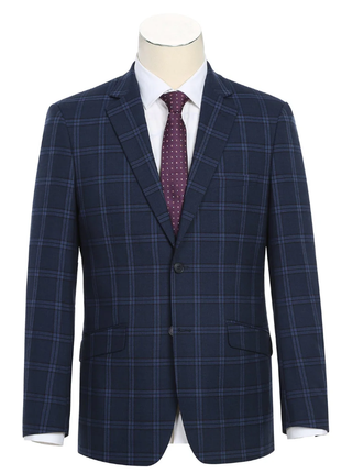 Raphael Windowpane Navy Blue Slim Fit Notch Lapels Two Button Stretch Suit