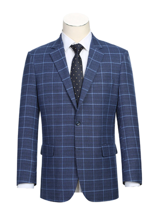 Raphael Blue Windowpane Classic Fit Notch Lapel Stretch Two Button Blazer