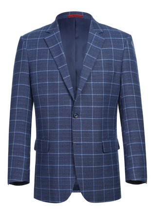 Raphael Blue Windowpane Classic Fit Notch Lapel Stretch Two Button Blazer