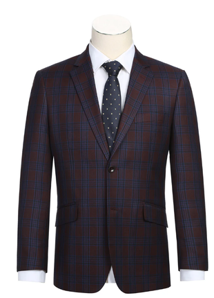 Raphael Men’s Burgundy and Blue Plaid Slim Fit Notch Lapel Blazer