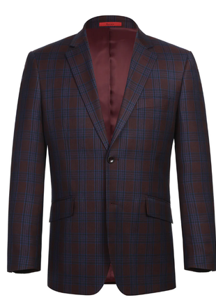 Raphael Men’s Burgundy and Blue Plaid Slim Fit Notch Lapel Blazer