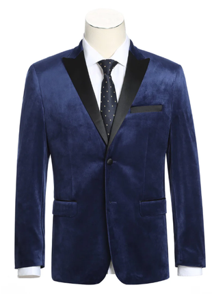 Raphael Navy Velvet Slim Fit Stretch Peak Lapel Tuxedo Blazer