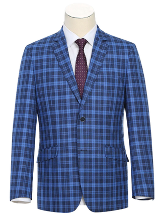 Raphael Blue Plaid Slim Fit Two Button Notch Lapel Blazer