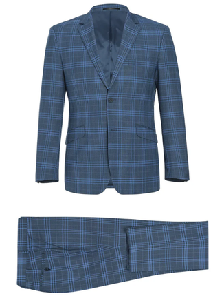 Raphael Blue Windowpane Slim Fit Notch Lapel Stretch Two Button Suit