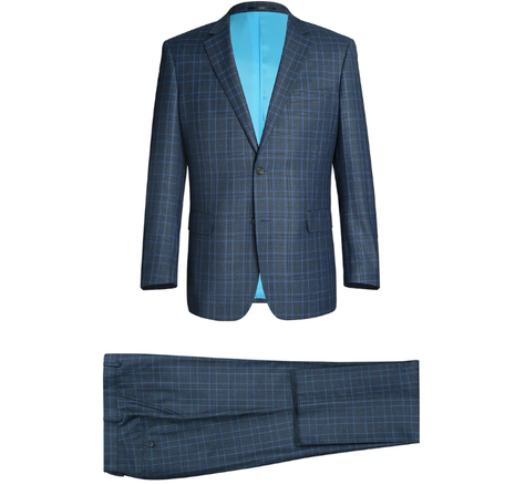 Raphael Blue Windowpane Check Classic Fit Notch Lapel Two Button Suit