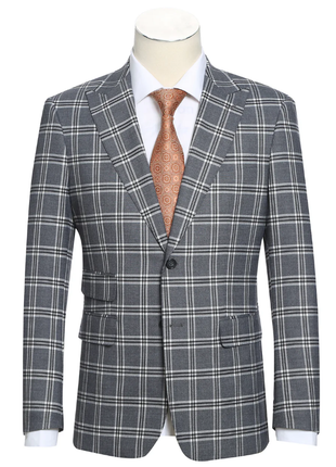 English Laundry Windowpane Check Gray Slim Fit Peak Lapel Stretch 2 Button Suit