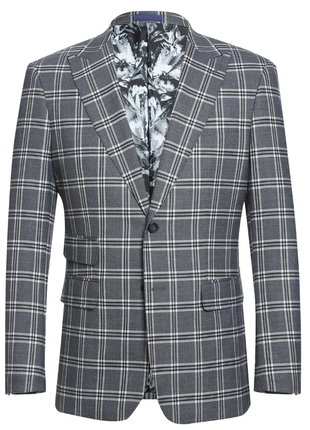 English Laundry Windowpane Check Gray Slim Fit Peak Lapel Stretch 2 Button Suit