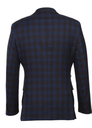 English Laundry Mens Navy with Brown Check Slim Fit Peak Lapel 2 Button Stretch Suit