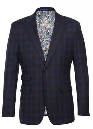 English Laundry Mens Navy with Brown Check Slim Fit Peak Lapel 2 Button Stretch Suit