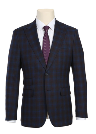 English Laundry Mens Navy with Brown Check Slim Fit Peak Lapel 2 Button Stretch Suit