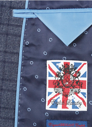 English Laundry Windowpane Blue Denim Style Slim Fit Notch Lapel Stretch 3-Piece Suit