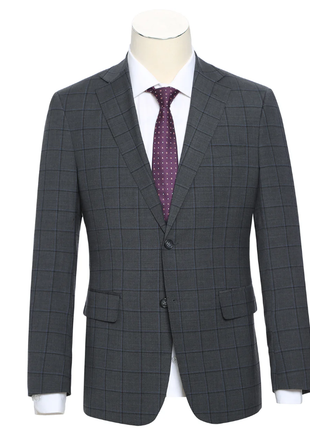 English Laundry Grid Check Charcoal Gray Slim Fit Notch Lapel Wool Stretch 2 Button Suit