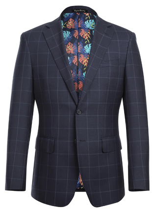 English Laundry Mens Navy Windowpane Slim Fit Notch Lapel 2 Button Wool Suit