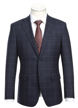 English Laundry Mens Navy Windowpane Slim Fit Notch Lapel 2 Button Wool Suit