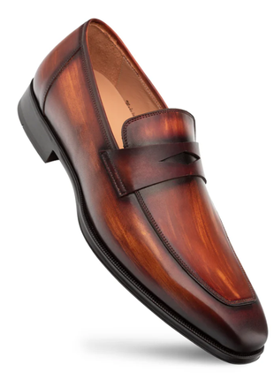 Mezlan Avenue Calfskin Cognac Rust Rubber Sole Penny Loafers