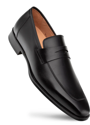 Mezlan Avenue Calfskin Black Rubber Sole Penny Loafers