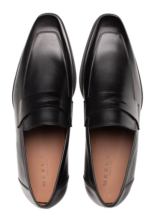 Mezlan Avenue Calfskin Black Rubber Sole Penny Loafers