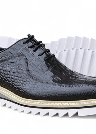 Carrucci Mens Black Alligator Embossed Leather Derby Shoes