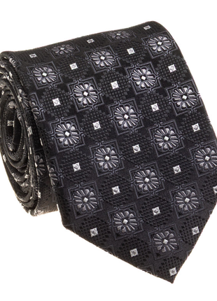 Premium Silk Mens Black Silver Floral Geometric Silk Hand-Made Tie - The Suit Depot