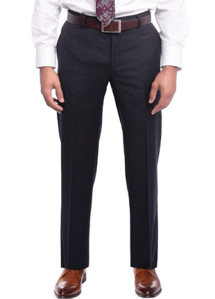 Mens Slim Fit Solid Navy Flat Front Wool Prehemmed Dress Pants