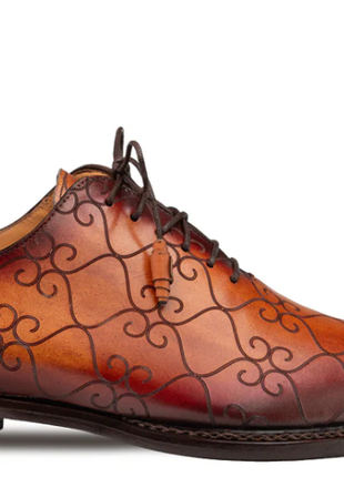 Mezlan Tribeca Cognac Rust Laser Print Calfskin Oxford Dress Shoes