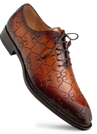 Mezlan Tribeca Cognac Rust Laser Print Calfskin Oxford Dress Shoes