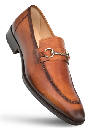 Mezlan Mens Cognac Leather Calfskin Ornament Horsebit Loafers