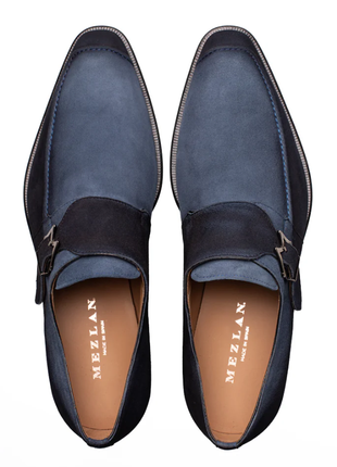 Mezlan Diesel Royal Blue Burnished Suede Monk Strap Dress Shoes