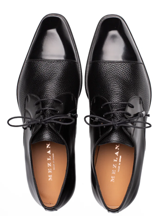 Mezlan Capello Black Hi-Shine & Pebbled Calf Derby Dress Shoes