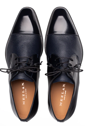 Mezlan Capello Blue Hi-Shine & Pebbled Calf Derby Dress Shoes