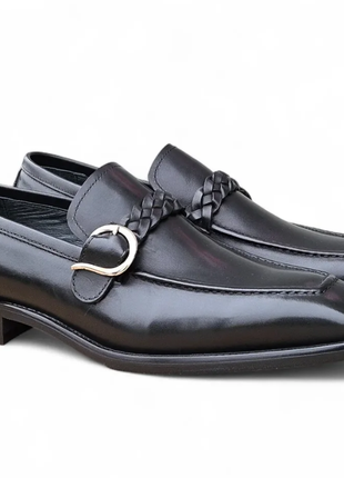 Carrucci Men's Black Leather Braided Bit Loafer with Buckle Detail